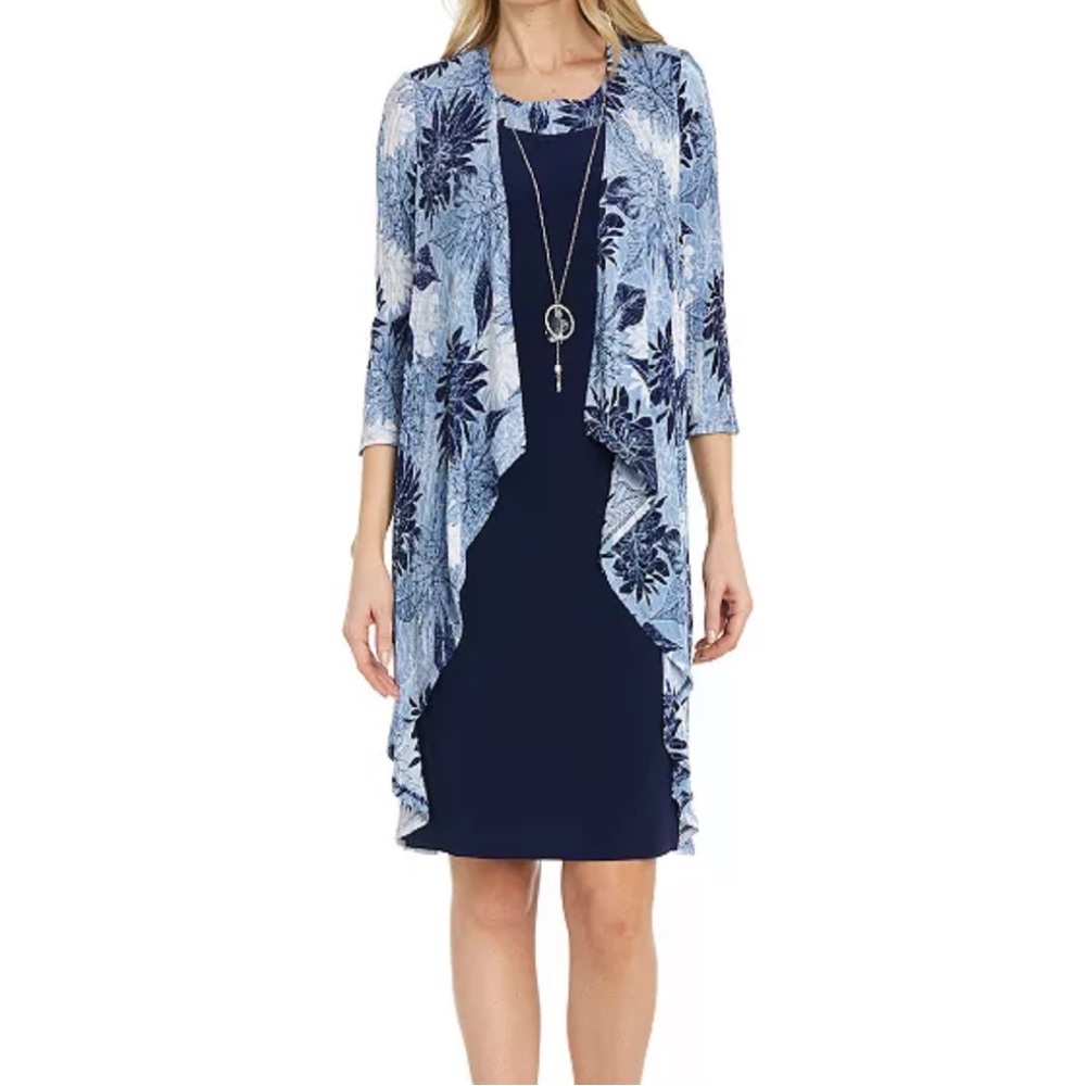 R&M Richards 2-Piece Puff Print Jacket & Dress Set with Necklace, Size 4 Petite